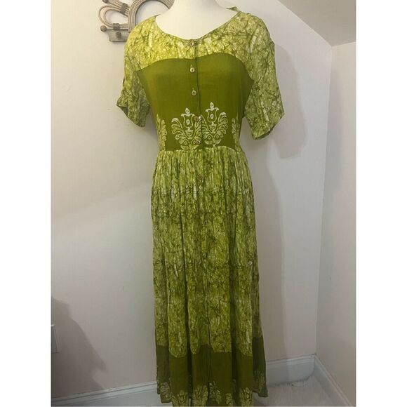 Vintage Boho Made in India Green Rayon Maxi Dress S/M - Picture 1 of 6
